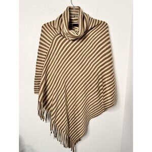 Top It Off Poncho Topper One Size Brown Cream Stripe Lightweight Fringe Poncho